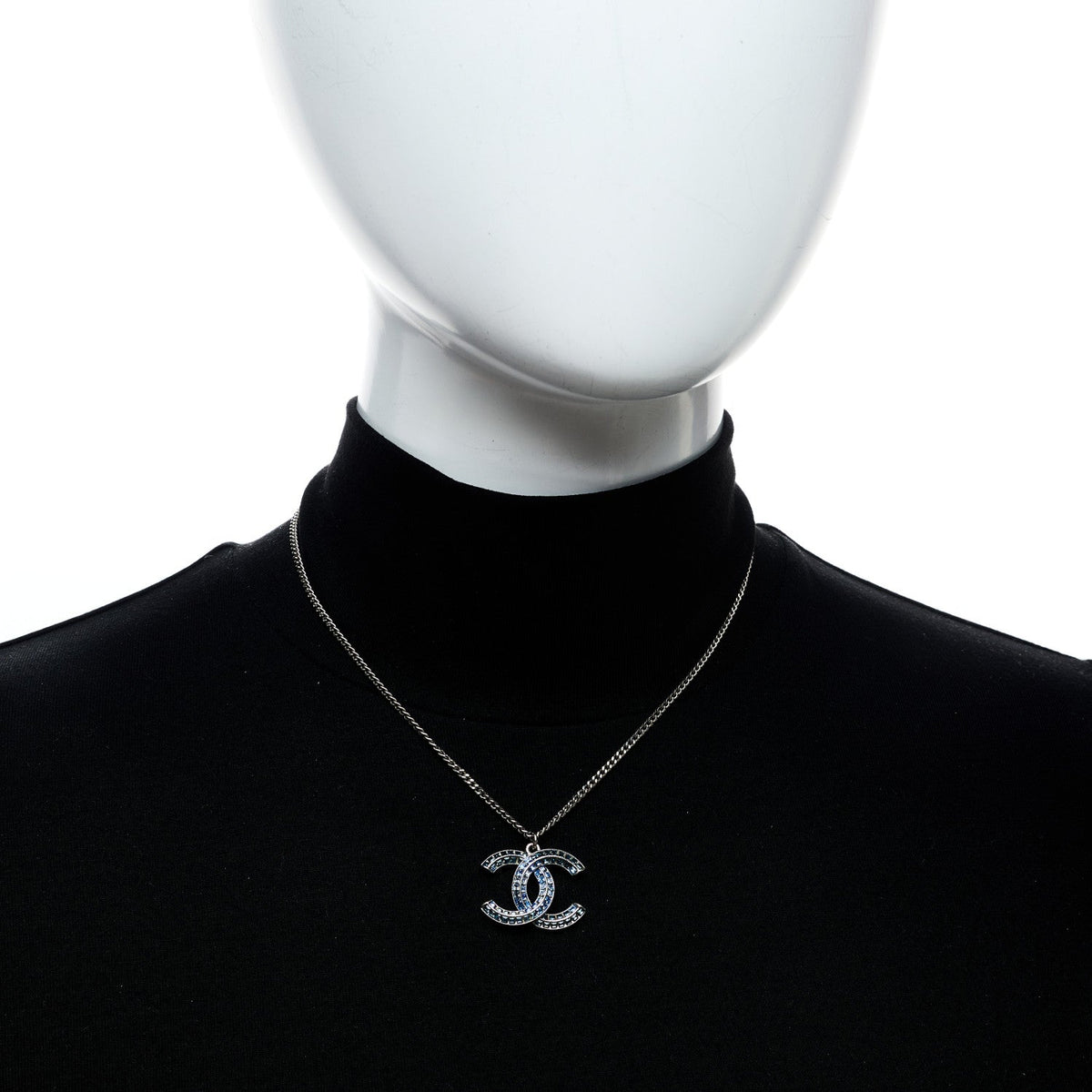 Chanel Crystal Baguette CC Necklace Silver Blue