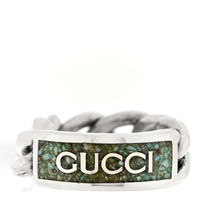 Gucci Sterling Silver Enamel Logo Chain Ring 49 4.75 Turquoise