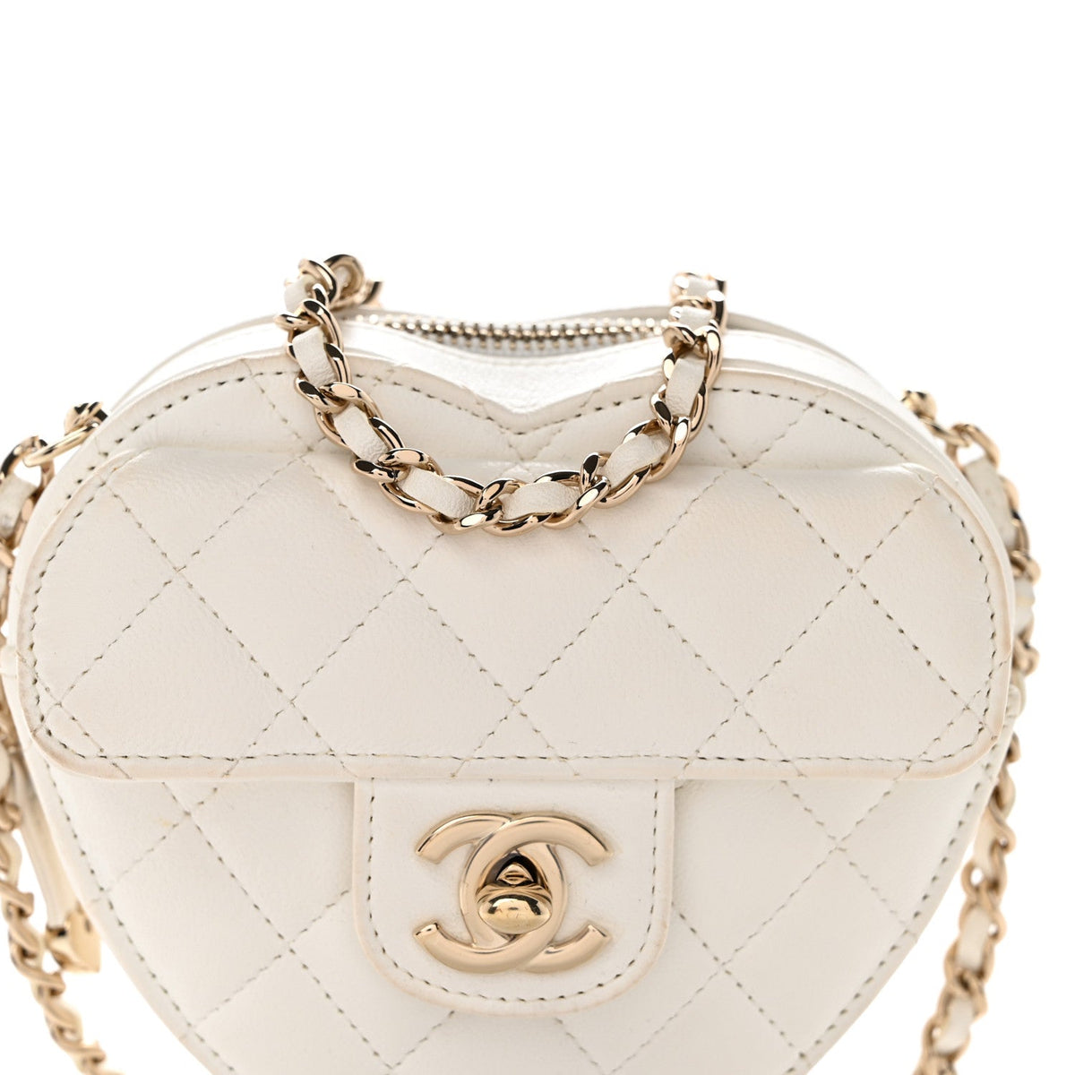 Chanel Lambskin Quilted CC In Love Heart Clutch With Chain White