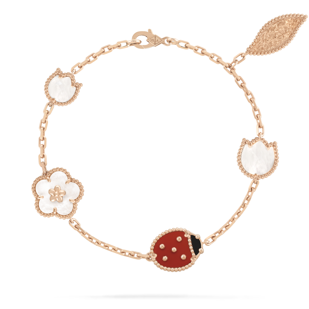 18K Rose Gold MOP Carnelian Onyx VCA Lucky Spring Bracelet 5 Motifs