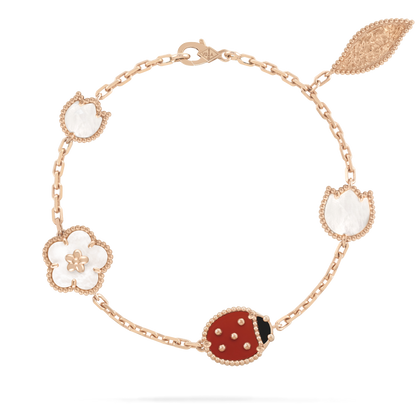 18K Rose Gold MOP Carnelian Onyx VCA Lucky Spring Bracelet 5 Motifs