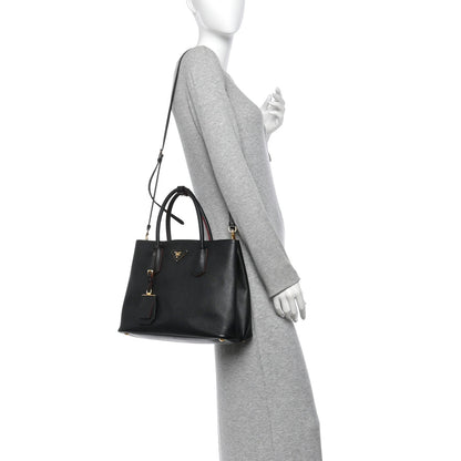 Prada Saffiano Cuir Small Double Bag Black Fuoco