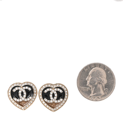 Chanel Resin Crystal Glitter CC Heart Earrings Black Gold