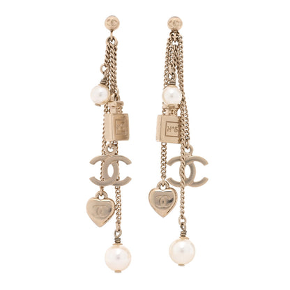 Chanel Metal Pearl Chain Charm Drop Earrings Gold
