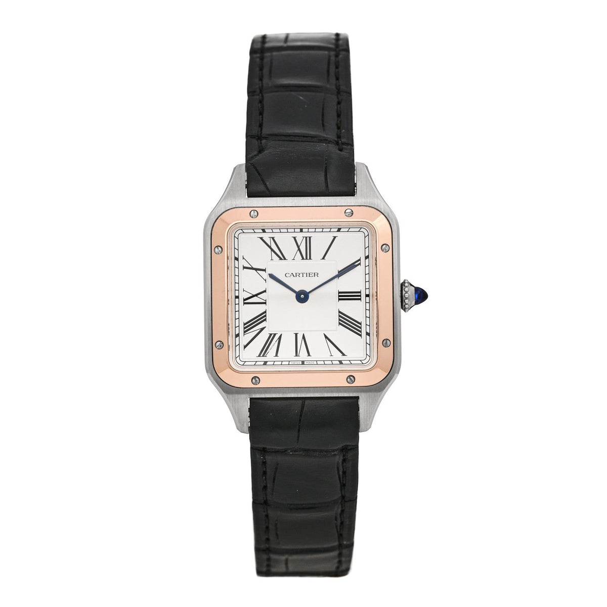 Cartier Stainless Steel 18K Pink Gold Alligator 31.4mm Santos Dumont Quartz Watch