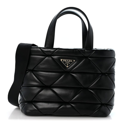 Prada Nappa Triangle Quilted Double Handled Zip Pocket Tote Black