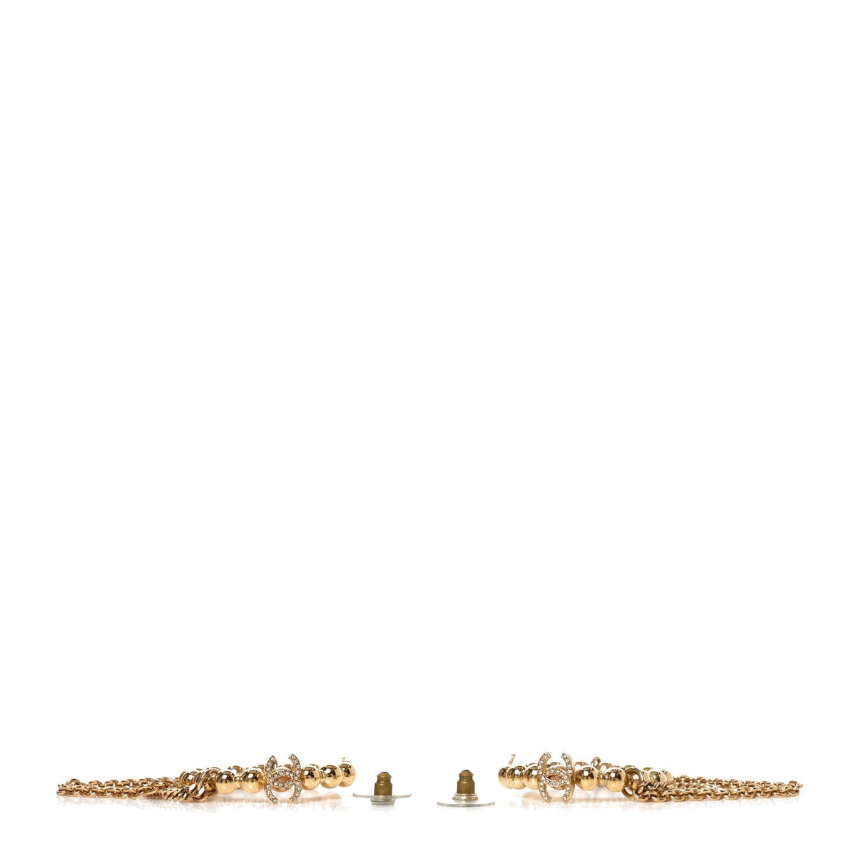 Chanel Metal Crystal Bead Chain CC Hoop Earrings Gold