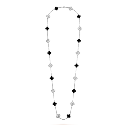18K White Gold Diamond Onyx VCA Vintage Alhambra Necklace