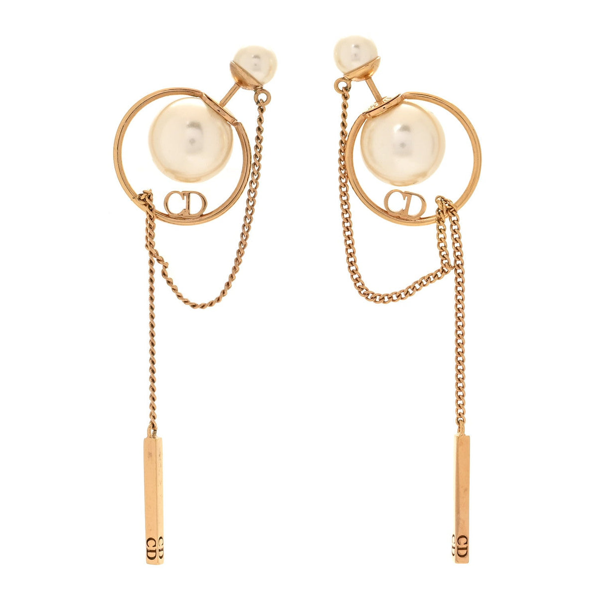 Christian Dior Pearl Tribales Dangle Chain Earrings Gold
