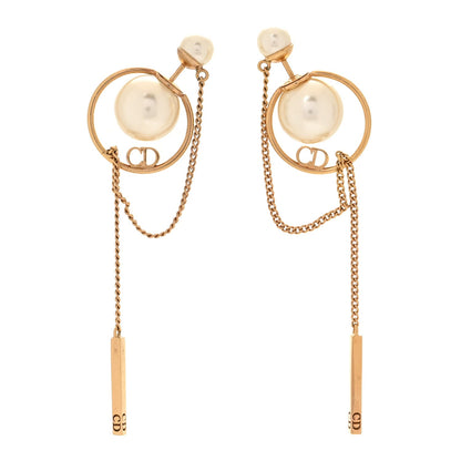 Christian Dior Pearl Tribales Dangle Chain Earrings Gold