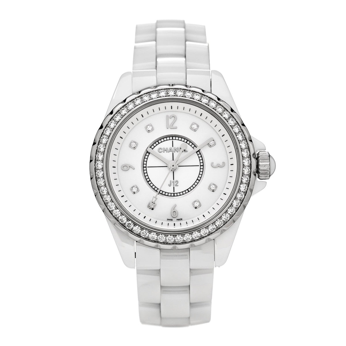 Chanel Stainless Steel Ceramic Diamond 33mm J12 Watch White