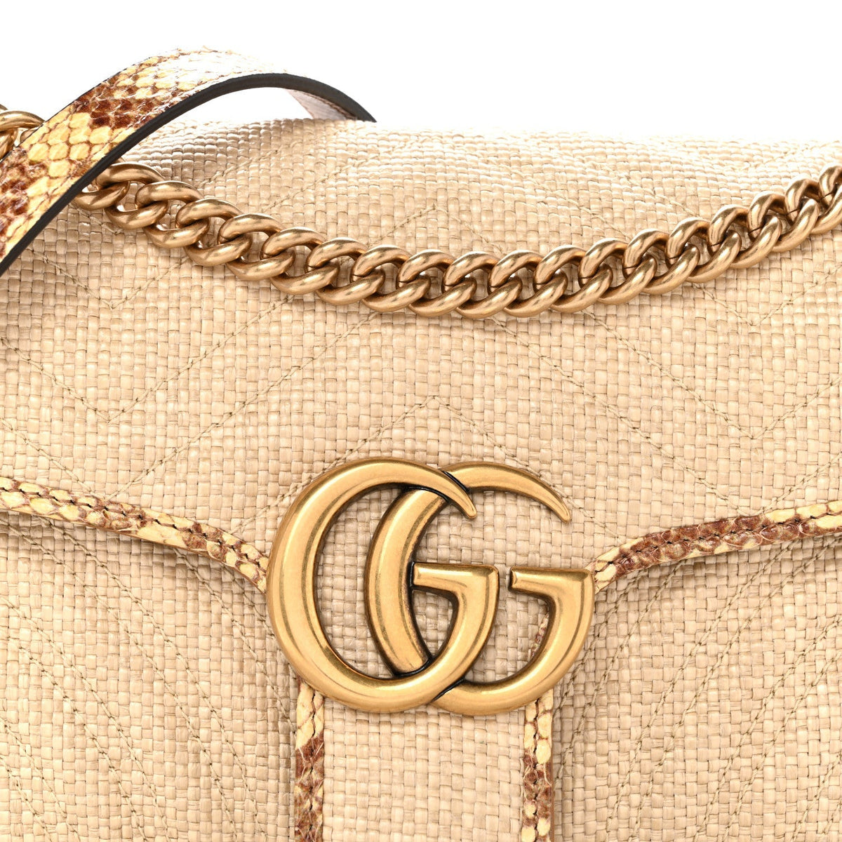 Gucci Raffia Elaphe Matelasse Small GG Marmont Shoulder Bag Natural Cream Brown