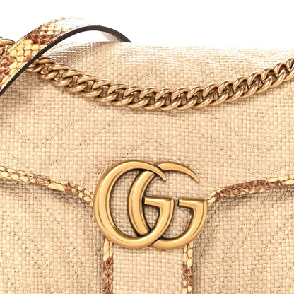 Gucci Raffia Elaphe Matelasse Small GG Marmont Shoulder Bag Natural Cream Brown