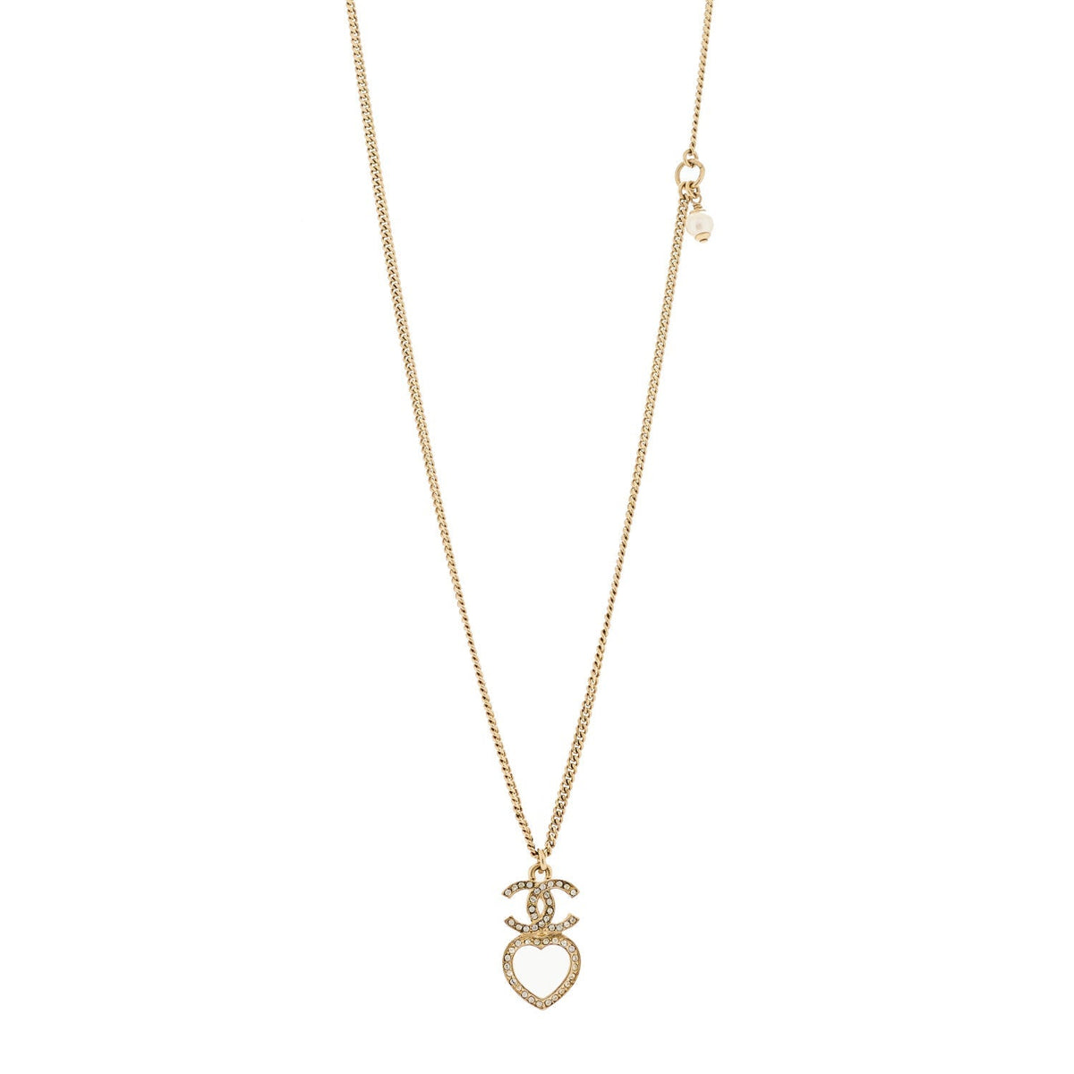 Chanel Crystal Pearl CC Heart Drop Chain Necklace Gold