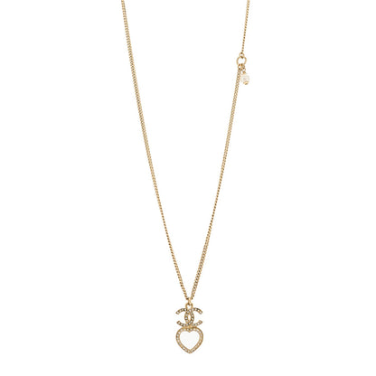 Chanel Crystal Pearl CC Heart Drop Chain Necklace Gold