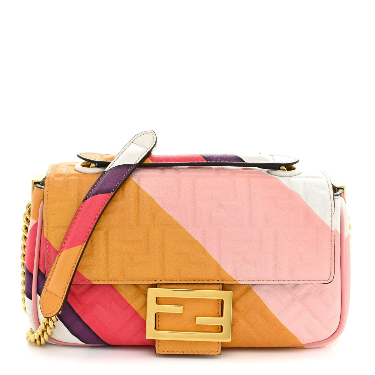 Fendi Nappa FF Embossed Line Print Midi Chain Baguette White Multicolor 1984938