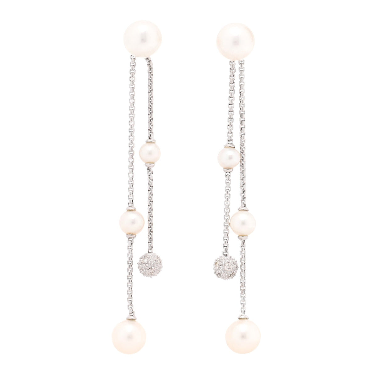 David Yurman Sterling Silver Diamond Pearl Two Row Drop Earrings