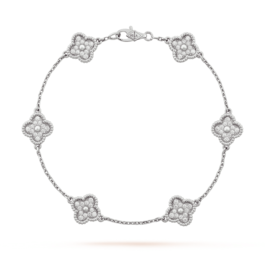18K White Gold Diamond VCA Sweet Alhambra 6 Motifs Bracelet