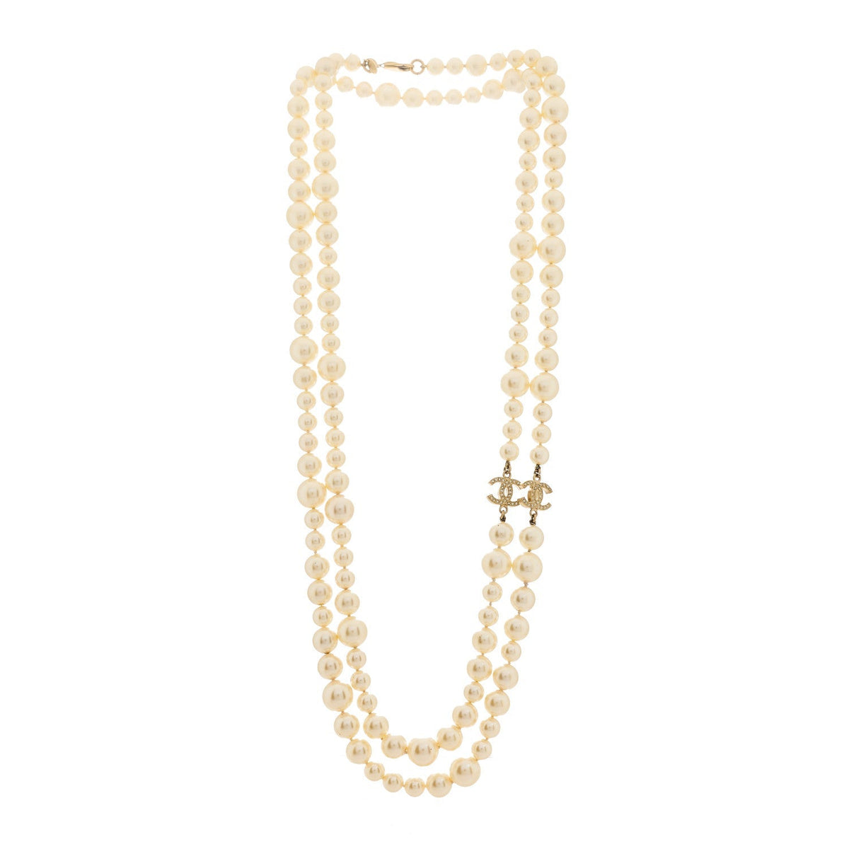 Chanel Pearl Crystal CC Long Necklace Silver