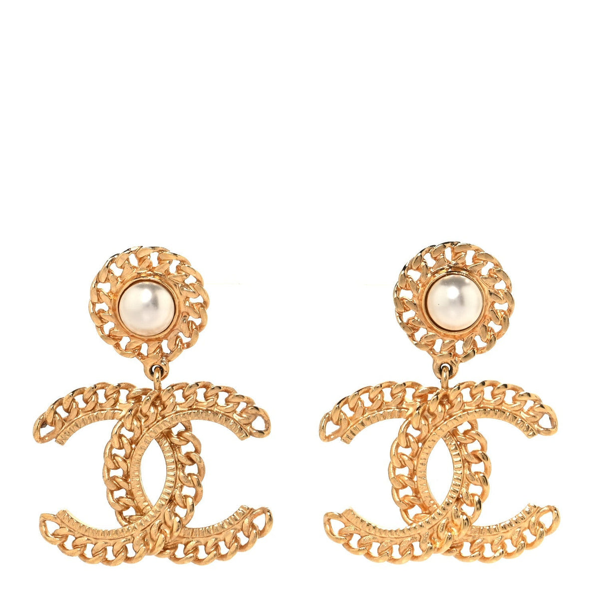 Chanel Metal Pearl CC Chain Drop Earrings Gold