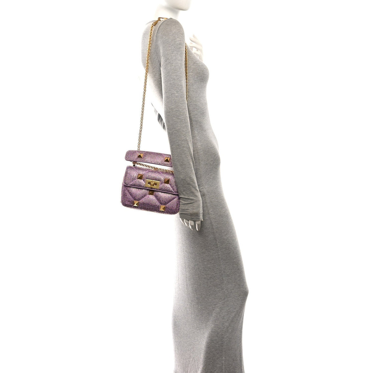 Valentino Garavani Crystal Suede Small Roman Stud Shoulder Bag Light Amethyst Glicine