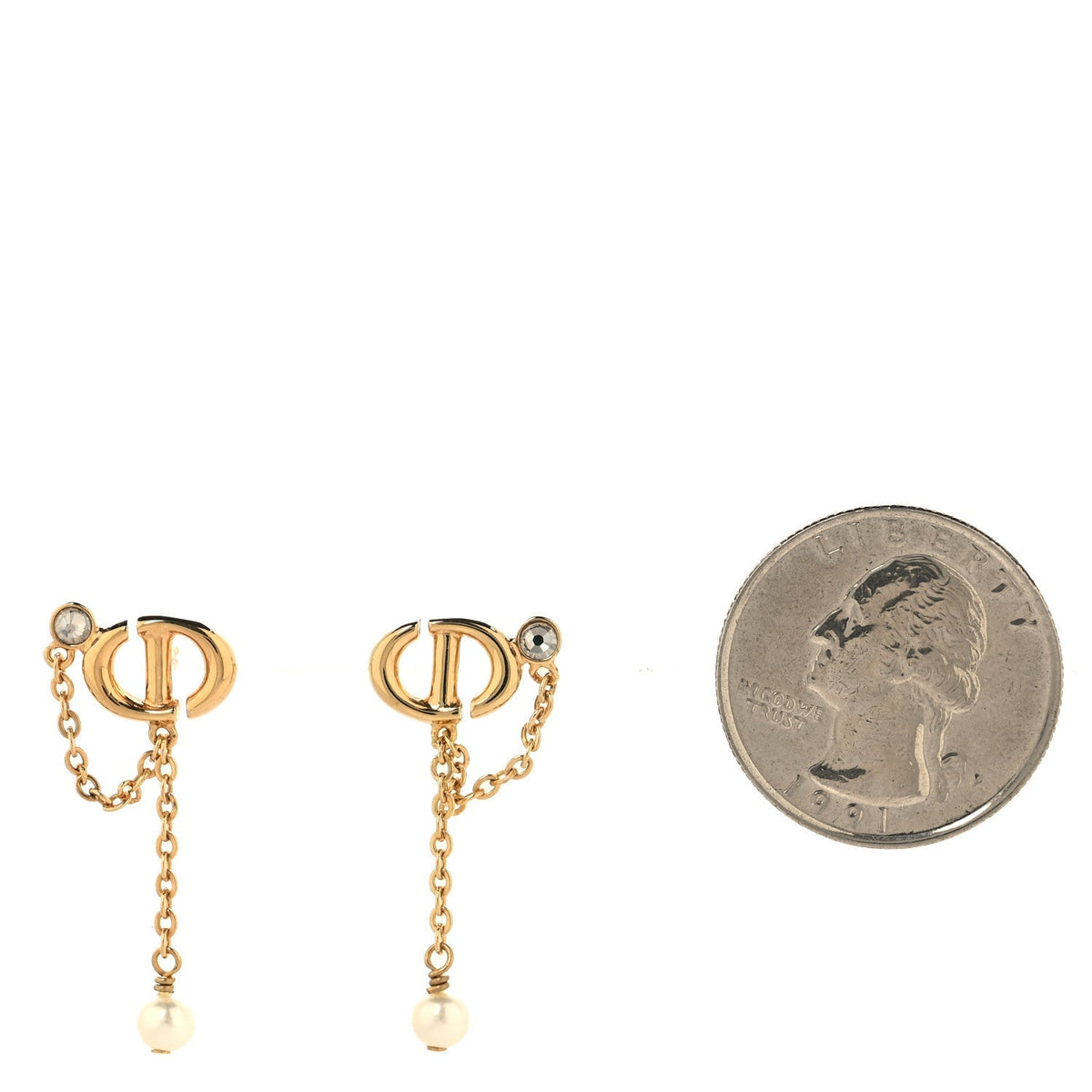 Christian Dior Pearl Crystal CD Drop Earrings Gold
