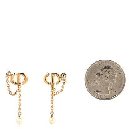 Christian Dior Pearl Crystal CD Drop Earrings Gold