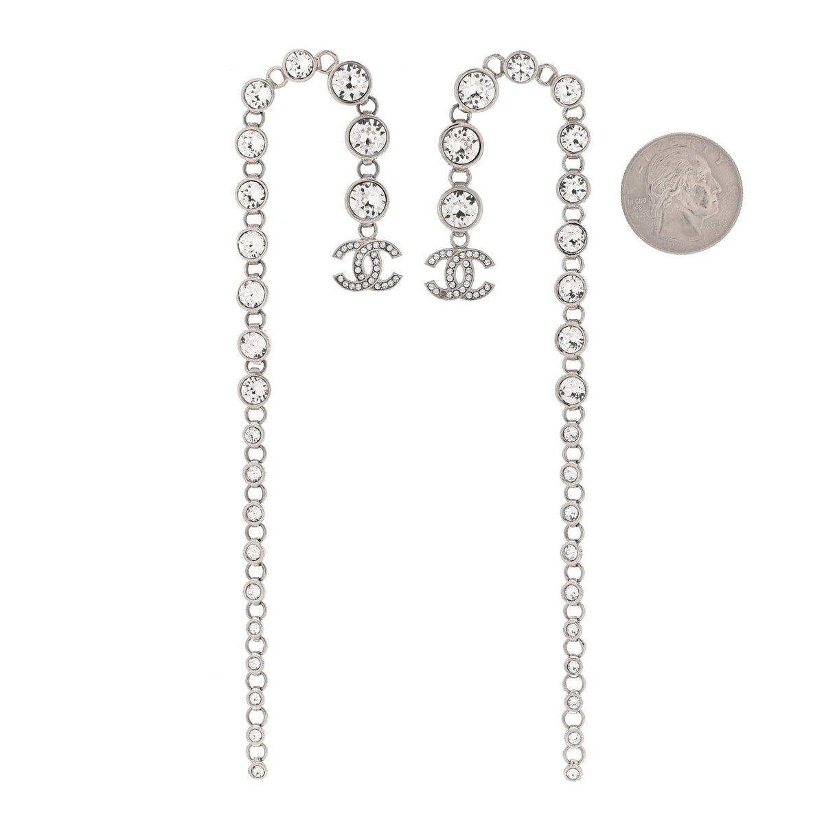 Chanel Crystal CC Long Drop Earrings Silver