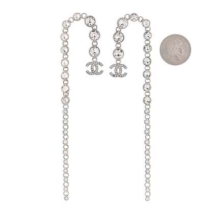 Chanel Crystal CC Long Drop Earrings Silver