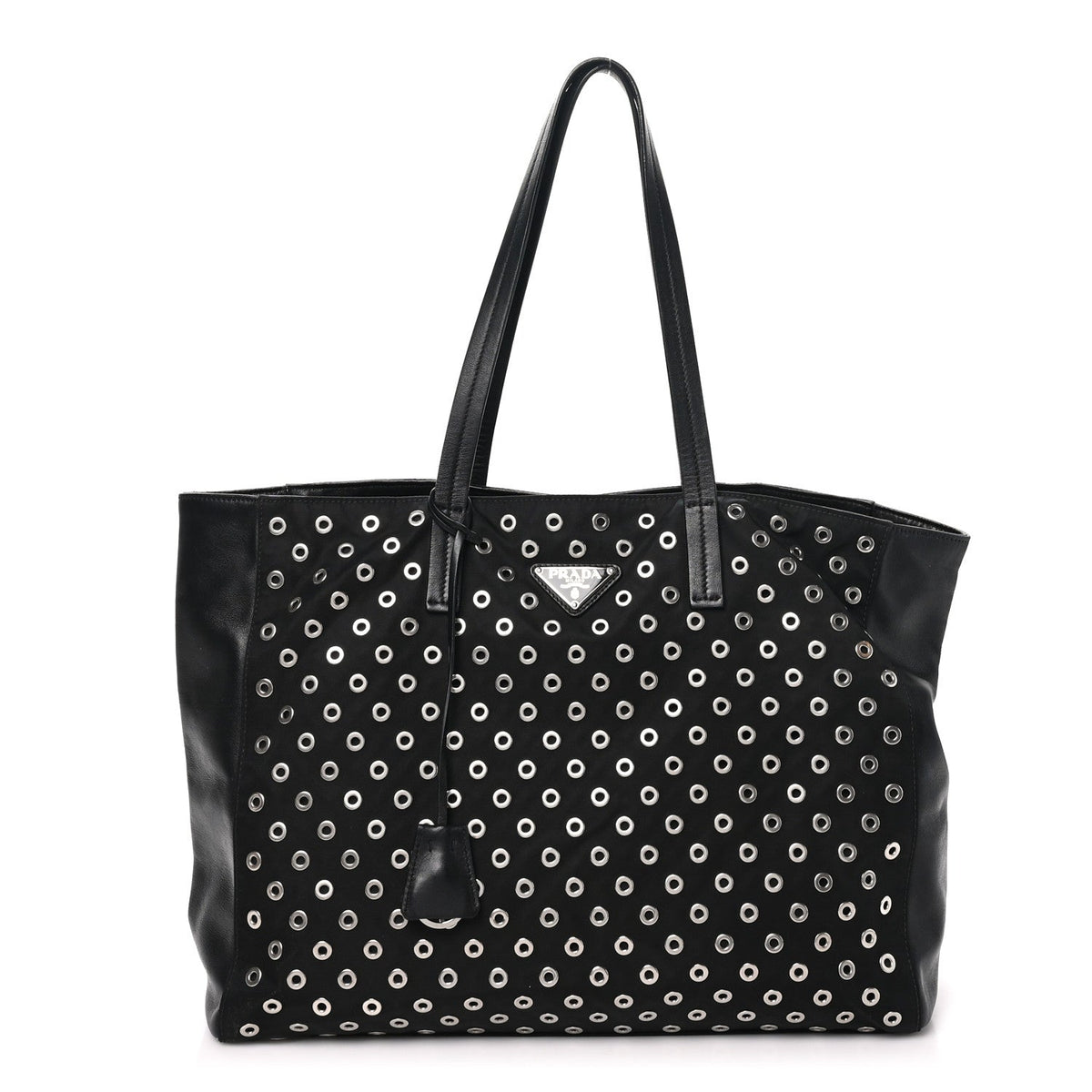 Prada Tessuto Nylon Calfskin Grommet Tote Black
