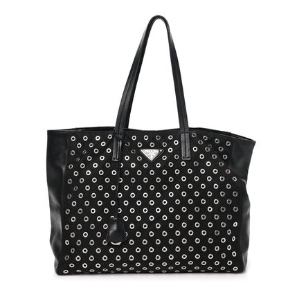 Prada Tessuto Nylon Calfskin Grommet Tote Black
