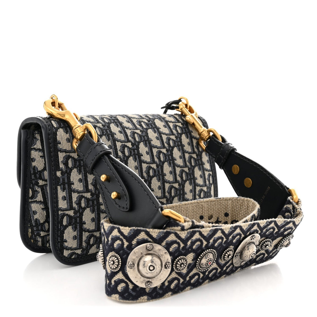 Christian Dior Canvas Leather Women's DiorAddict Flap Bag Navy Blue