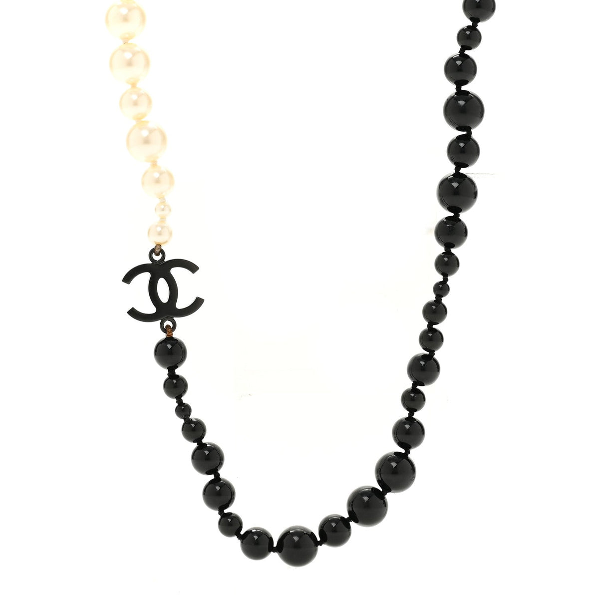Chanel Ruthenium Pearl Beaded Enamel CC Long Necklace White Black