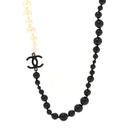 Chanel Ruthenium Pearl Beaded Enamel CC Long Necklace White Black