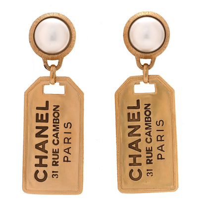 Chanel Resin Pearl CC Tags Drop Earrings Gold