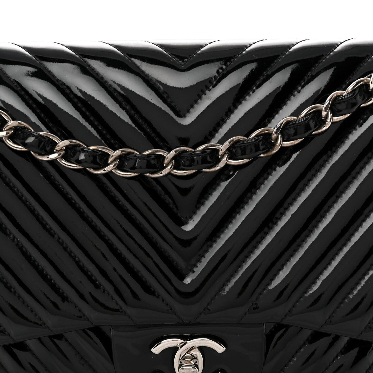Chanel Patent Chevron Quilted Jumbo Double Flap Bag Black