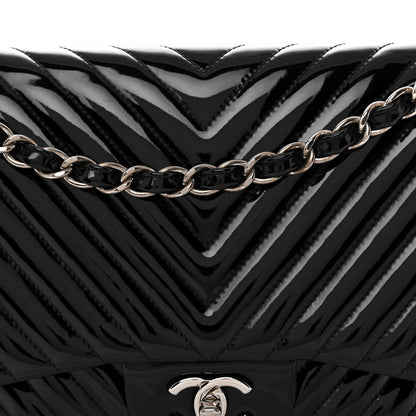 Chanel Patent Chevron Quilted Jumbo Double Flap Bag Black