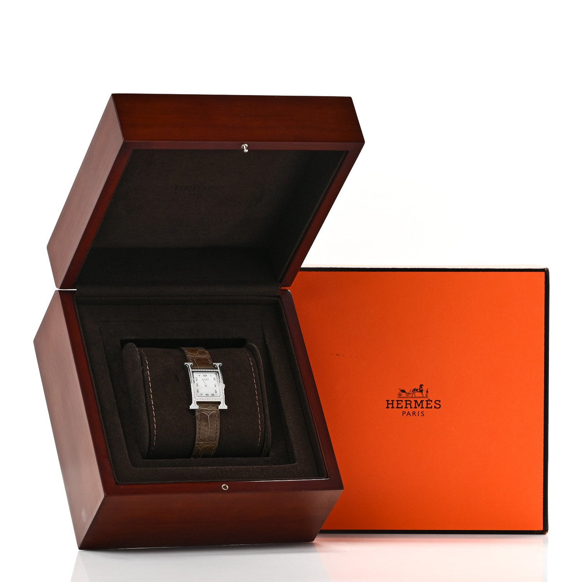 Hermes Stainless Steel Alligator Diamond 21mm Heure H Watch Gris Elephant