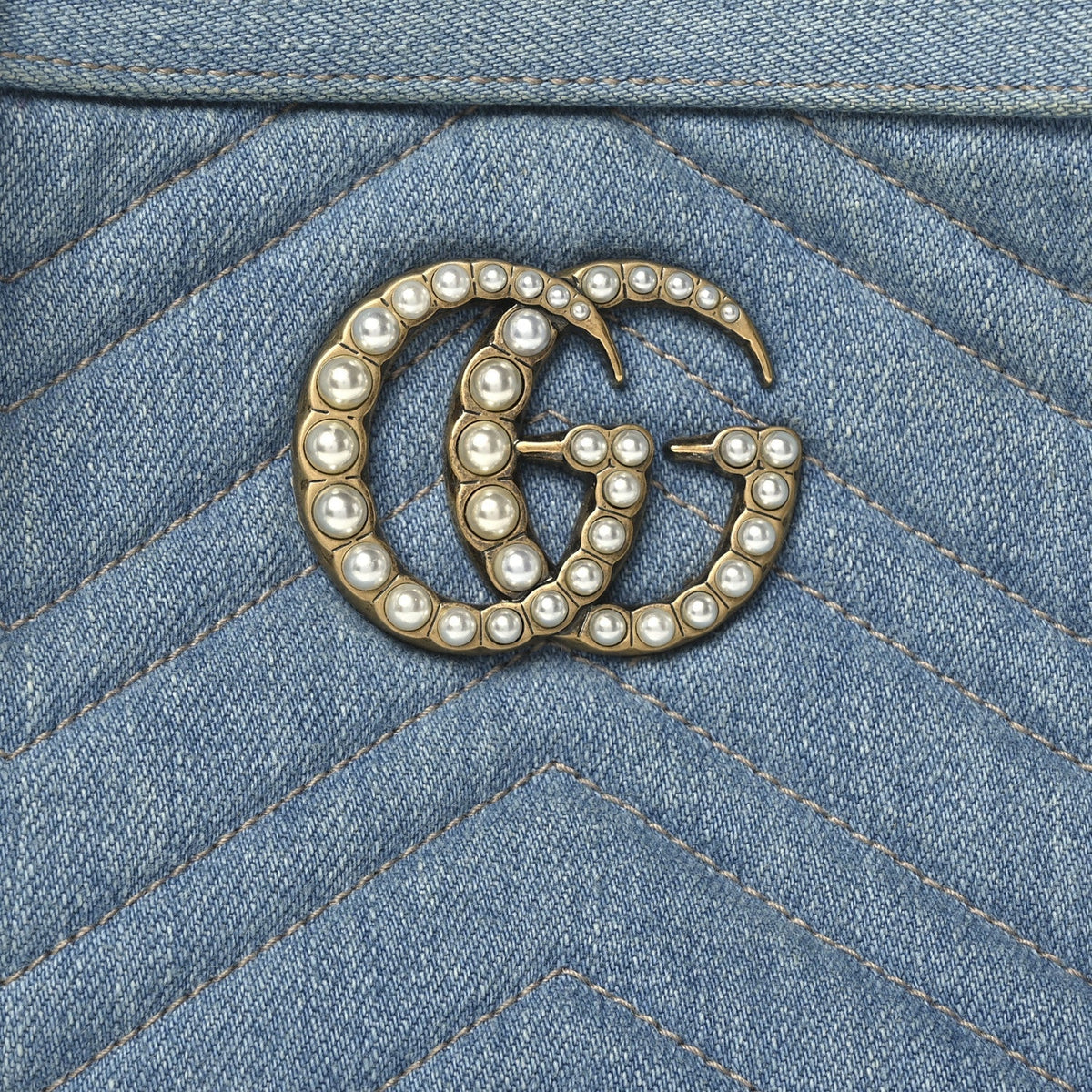 Gucci Denim Matelasse Small Pearly GG Marmont Chain Shoulder Bag Blue