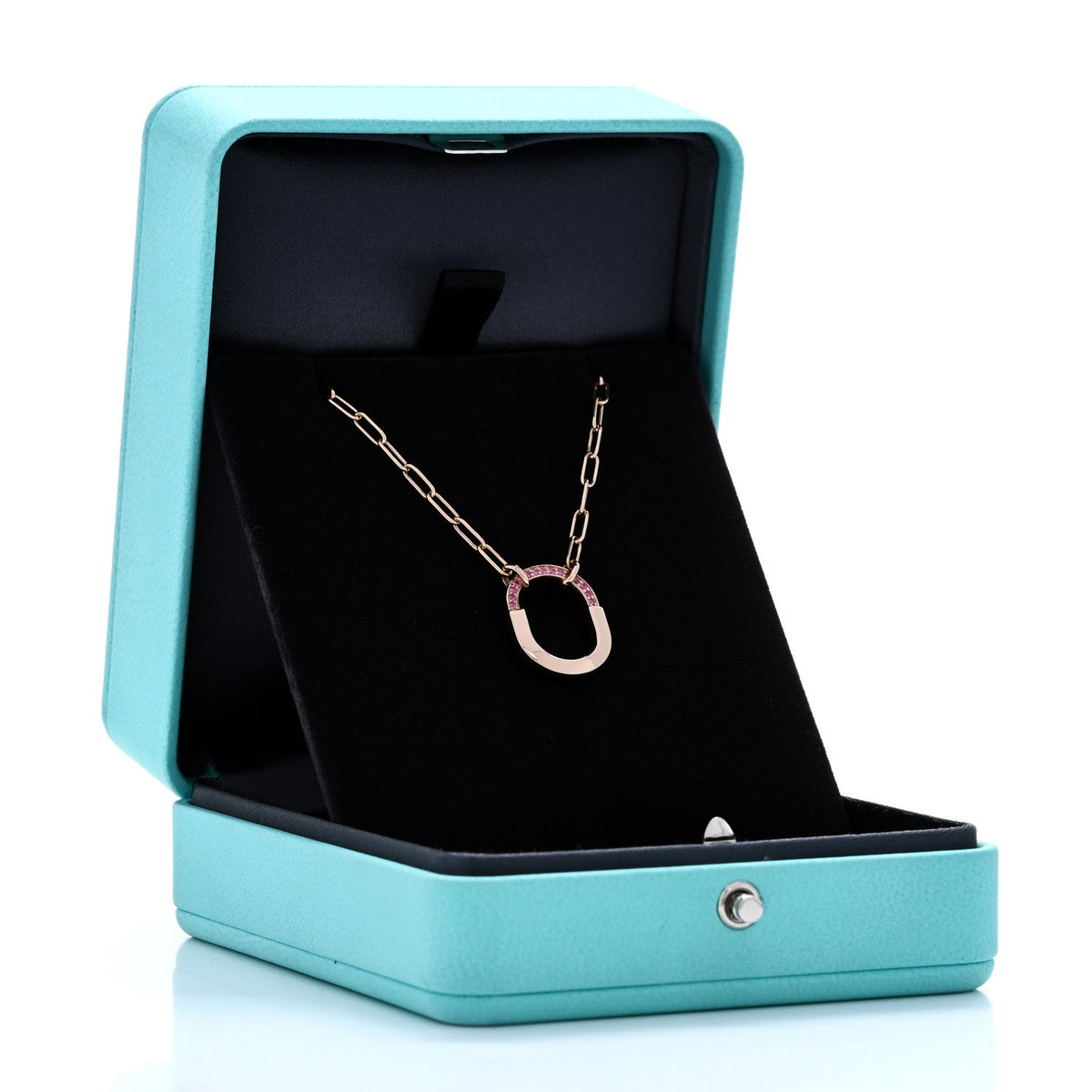 Tiffany 18K Rose Gold Pink Sapphire Small Lock Pendant Necklace