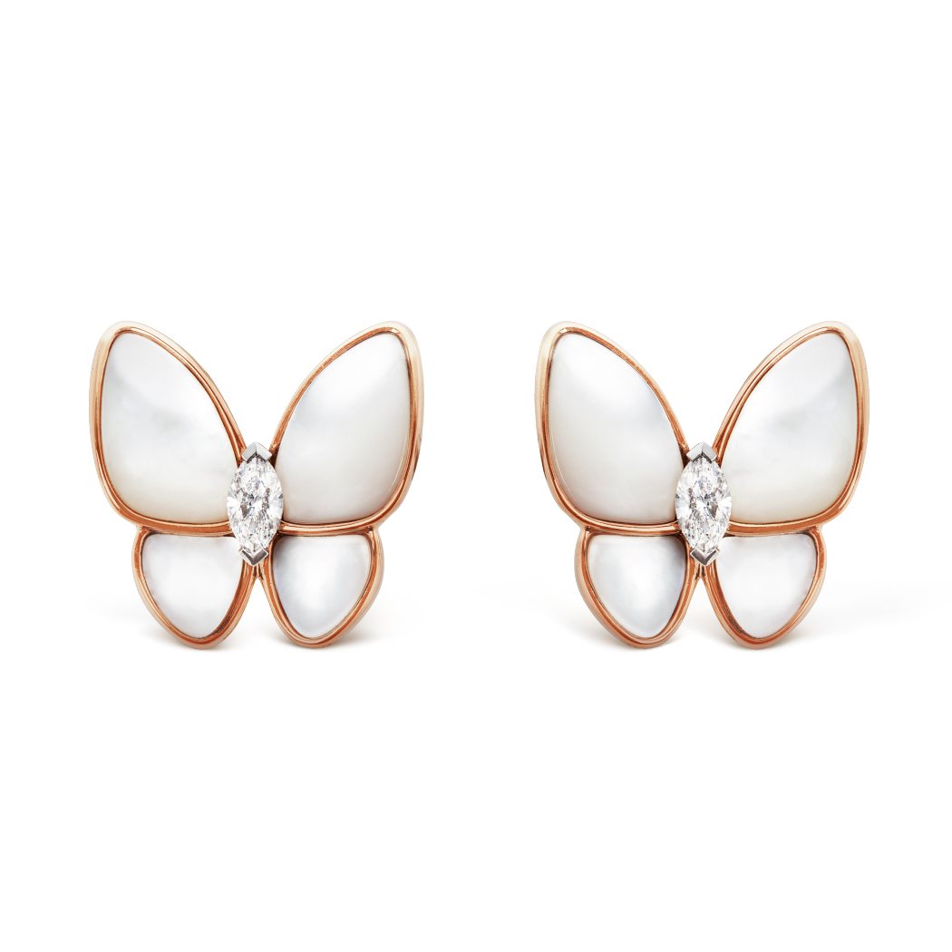 18K Rose Gold Diamond Mother of Pearl VCA Two Butterfly Earrings