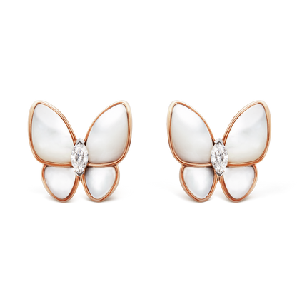 18K Rose Gold Diamond Mother of Pearl VCA Two Butterfly Earrings