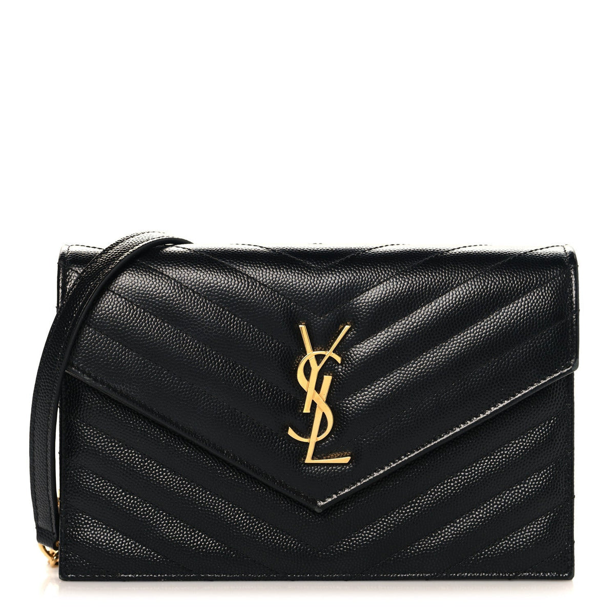 Saint Laurent Grain De Poudre Matelasse Chevron Monogram Envelope Chain Wallet Black