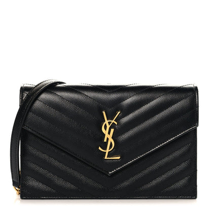 Saint Laurent Grain De Poudre Matelasse Chevron Monogram Envelope Chain Wallet Black
