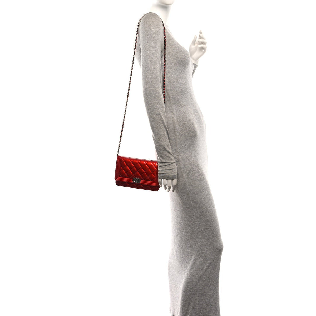 Chanel Metallic Patent Calfskin Quilted Boy Wallet On Chain Red 1985854