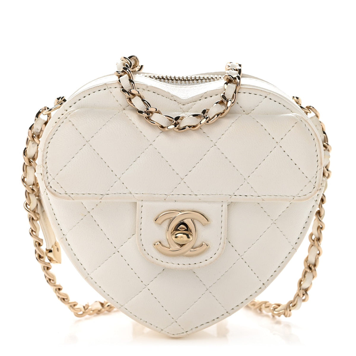 Chanel Lambskin Quilted CC In Love Heart Clutch With Chain White