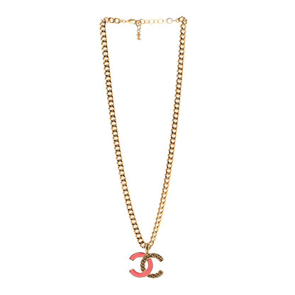 Chanel Metal Enamel Quilted CC Chain Pendant Necklace Gold Pink