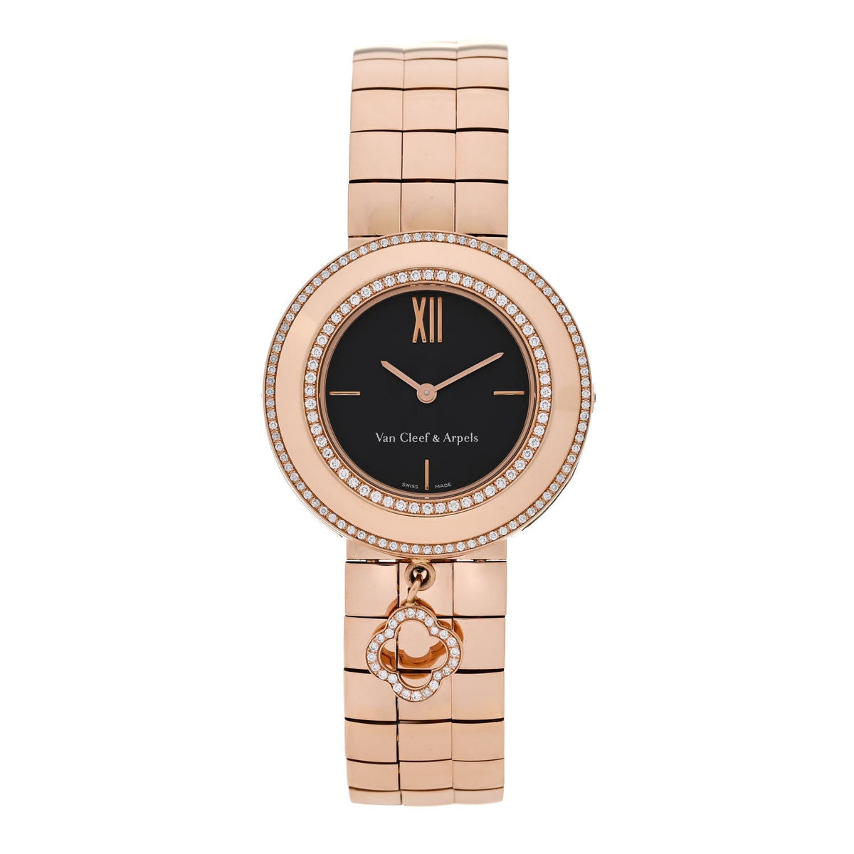 Van Cleef & Arpels 18K Rose Gold Diamond 32mm Charms Watch Black