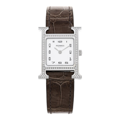 Hermes Stainless Steel Alligator Diamond 21mm Heure H Watch Gris Elephant