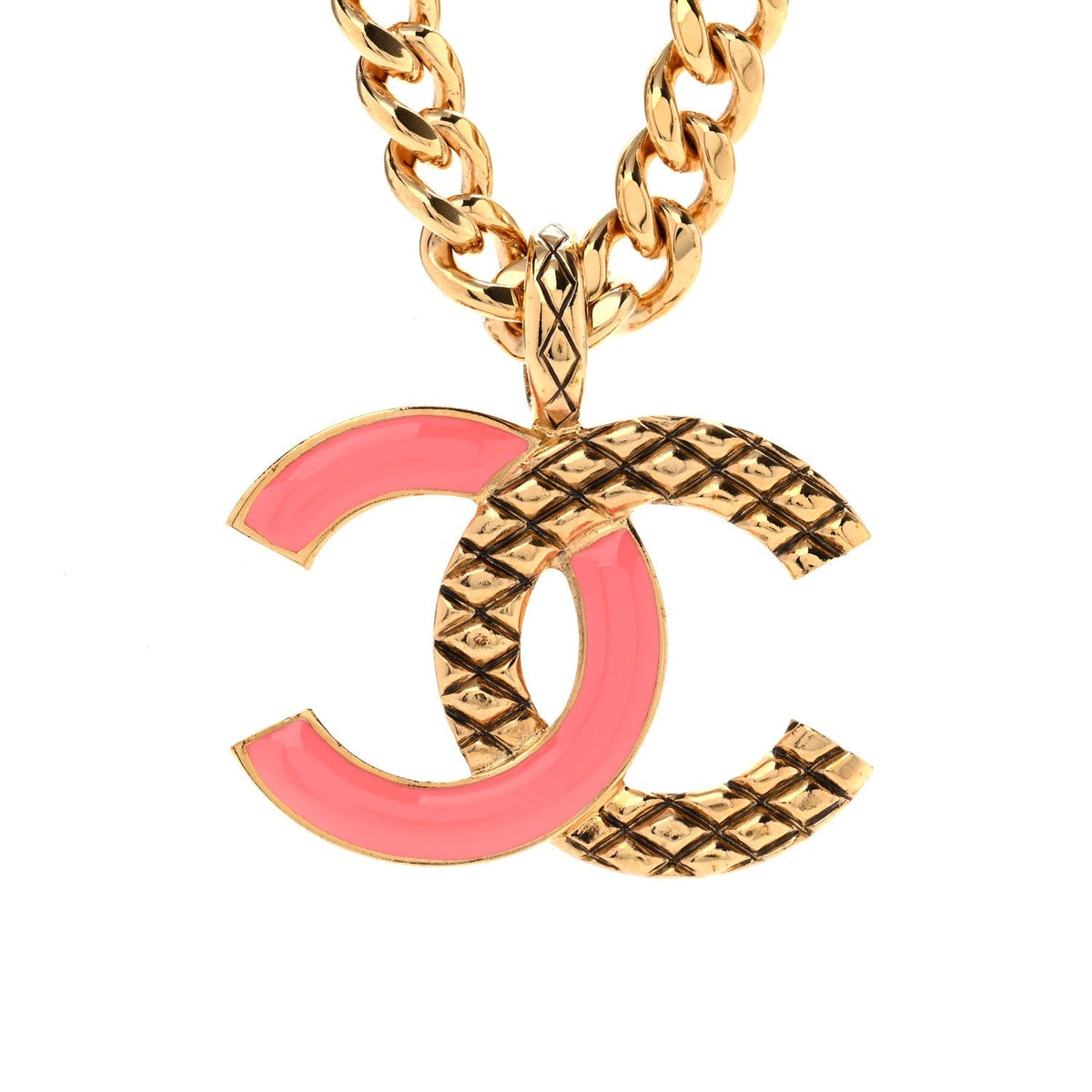 Chanel Metal Enamel Quilted CC Chain Pendant Necklace Gold Pink